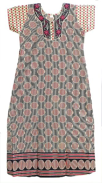 Embroidered Neckline with Red and Black Stripe on Beige Cotton Maxi