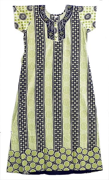 Embroidered Neckline with Green and Black Print on Beige Cotton Maxi