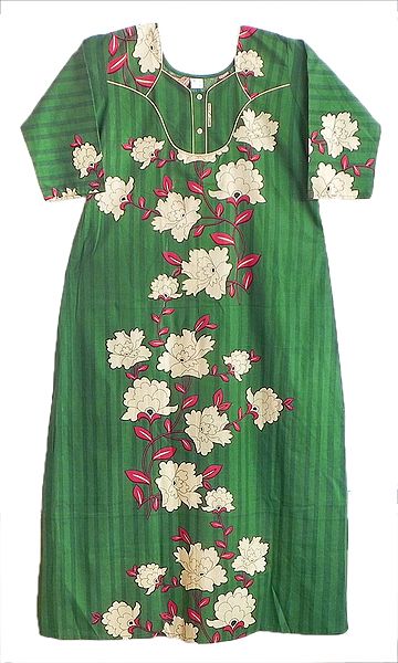 Floral Print on Green Cotton Maxi with Three Quarter Sleeves