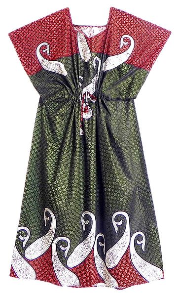 White Paisley Print on Green and Red Cotton Kaftan