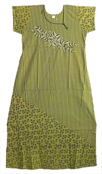 Embroidered Olive Green with Black Stripe Cotton Maxi