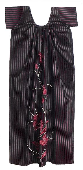 Red Stripe with Floral Print on Black Cotton Maxi