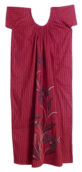 Black Stripe with Floral Print on Dark Red Cotton Maxi