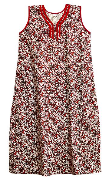 Red,Ivory Print on Cotton Maxi