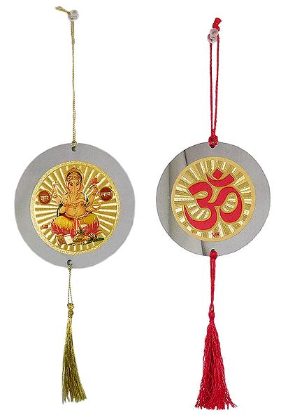 Set of 2 Metal Disc Car Hanging with Ganesha and Om Picture
