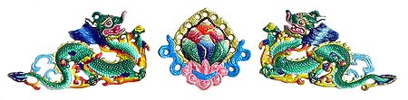 Set of 2 Green Dragon with Flower in the Middle - Wall Hanging