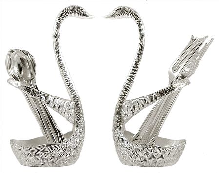 Carved German Silver Swans with Forks and Spoons