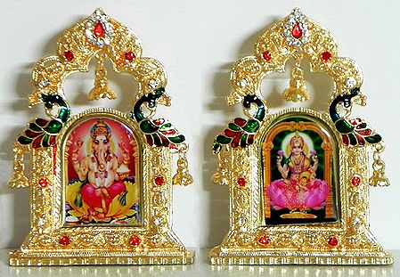 Ganesha and Lakshmi on Stone Studded Golden Metal Frame