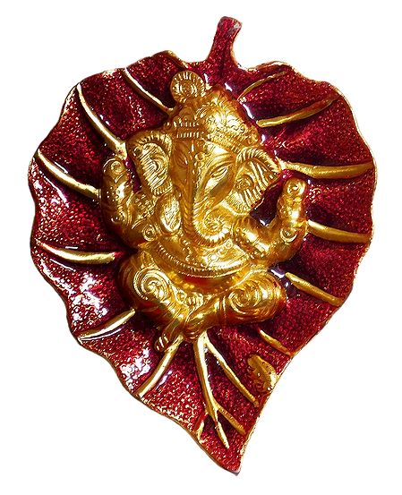 Golden Ganesha on Red Leaf - White Metal Wall Hanging