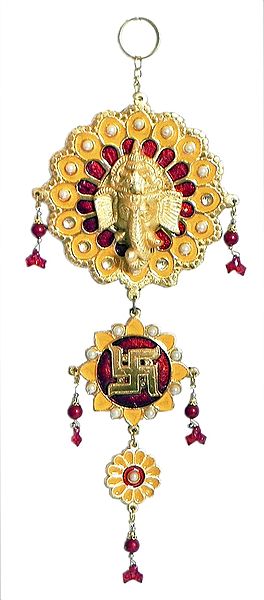 Ganesha and Swastika (Auspicious Hindu Symbol) on Decorative Lacquered Brass Plate