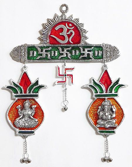 Lakshmi and Ganesha on Kalash with Om and Swastika (Auspicious Hindu Symbols)