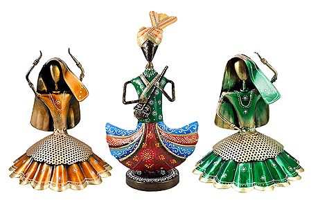 Multicolor Musician with 2 Women Dancers - Set of 3 Iron Statue