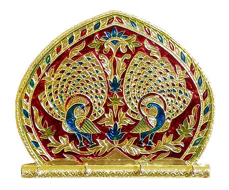 Wooden Fan with Meenakari Peacock on Metal  Foil Paper with 4 Key Hooks - Wall Hanging