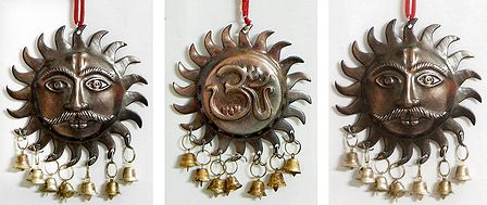 Pair of Sun God and Om with Hanging Bells - Wall Hanging