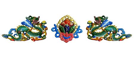 Set of 2 Dragon with Flower in the Middle - Wall Hanging