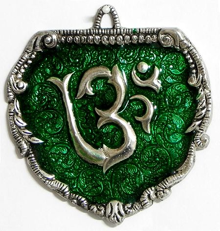 Om on Green Laquered Decoratve Metal Plate