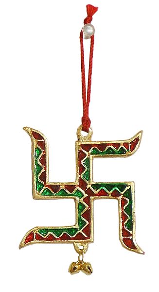Red and Green Lacquered on White Metal Swastik