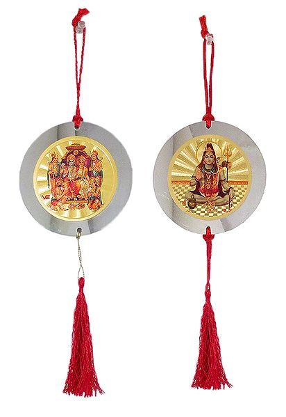 Set of 2 Metal Disc Car Hanging with Ram Darbar and Shiva Picture