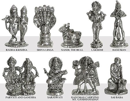 Nine Miniature Hindu Deities - Radha Krishna, Shivalinga, Nandi, Lakshmi, Saraswati, Lakshmi and Ganesha, Hanuman (2), Shirdi Sai Baba