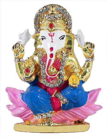 Stone Studded Ganesha Sitting on Lotus