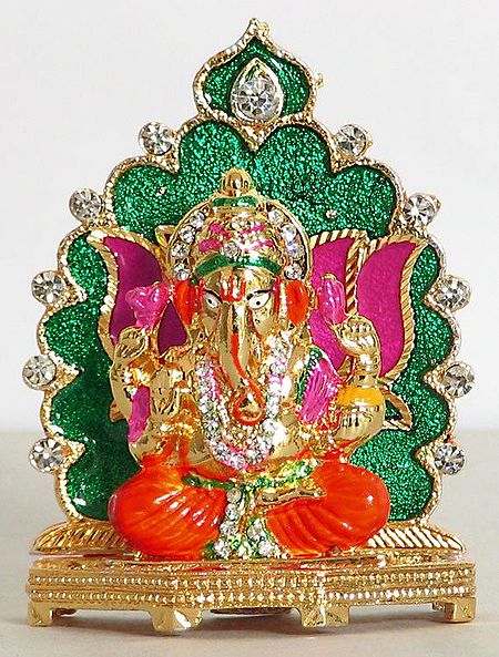 Stone Studded Golden Ganesha on Colorful Throne
