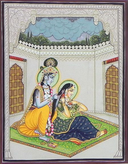Krishna Combing Radha's Hair
