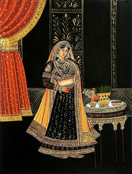 Stone Studded Miniature Painting of Rajput Queen