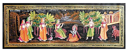 Radha Playing Flute in Front of Krishna