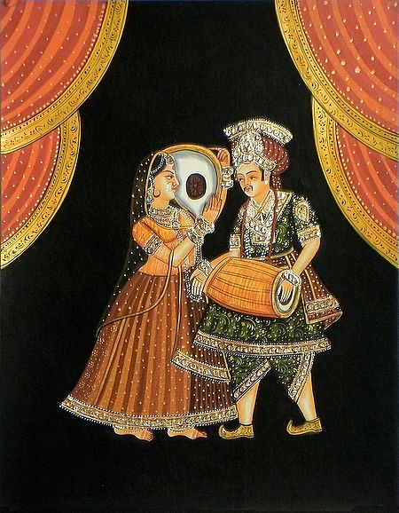 Stone Studded Miniature Painting of Musician Couple