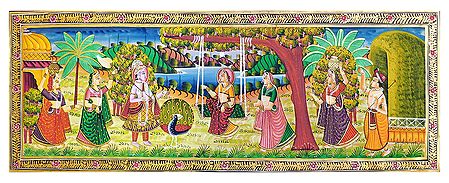 Krishna with Other Gopinis Looking at Radha on Swing