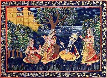 Radha Learning to Play the Flute from Krishna