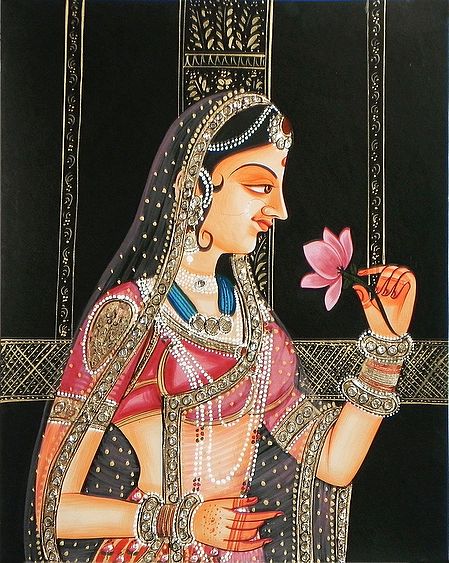 Stone Studded Miniature Painting of Rajput Princess Holding Lotus