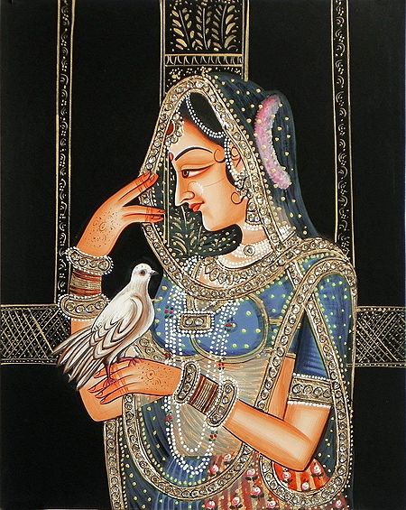 Stone Studded Miniature Painting of Rajput Princess Holding Pigeon