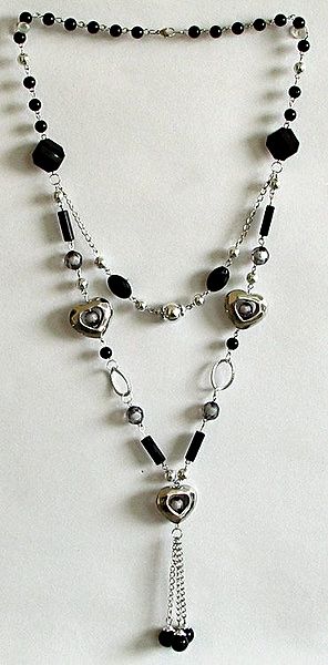 Grey and Black Bead Necklace with Hearts