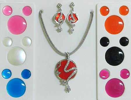 Stone Studded Metal Necklace and Earrings with Replaceable Colors