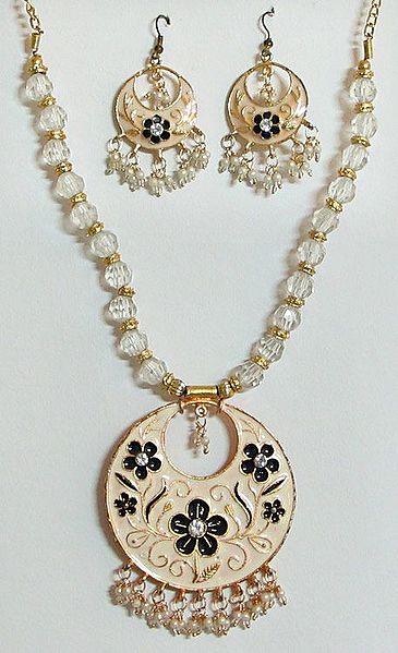 White Bead Necklace with Designer Lacquered Metal Pendant and Earrings