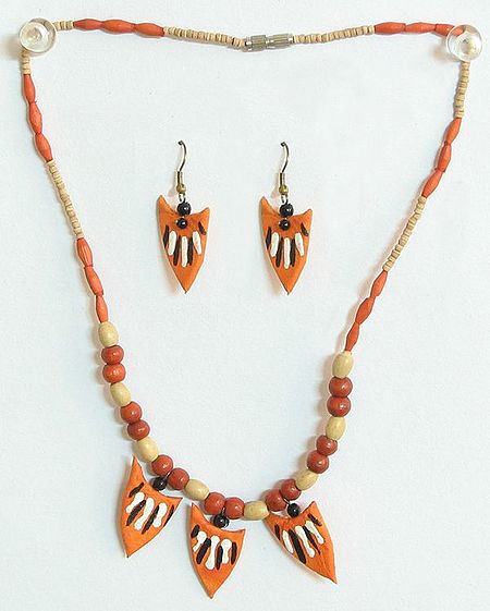 Hand Painted Saffron Paper Pendant and Earrings with Wooden Beads