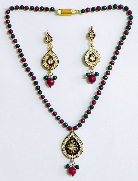 Maroon and Green Beaded Necklace with Stone Studded Pendant and Earrings