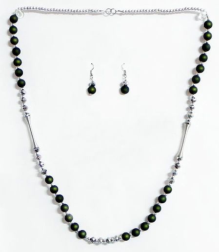 Green Acrylic Bead and Black Crystal Bead Necklace and Earrings