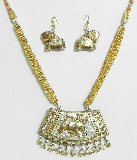White Stone Studded Golden Adjustable Meenakari Necklace with Earrings