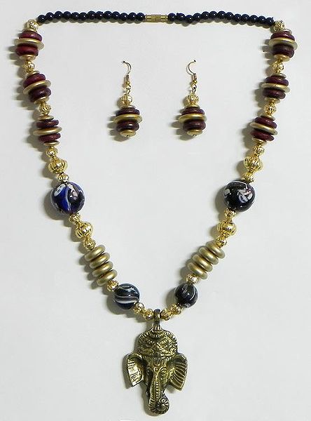 Golden, Brown Bead Tibetan Necklace with Ganesha Pendant and Earrings