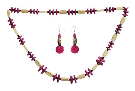 Magenta with Beige Beaded Necklace Set for Women