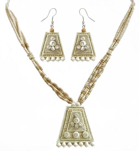 Off-White and Light Brown Bead Necklace with Pendant and Earrings