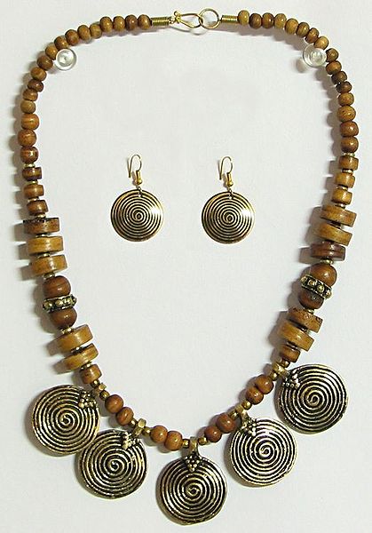 Brown Bead Necklace with Brass Pendant and Earrings