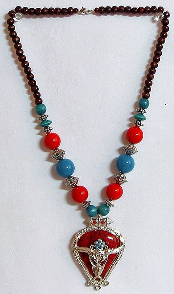 Red, Blue and Cyan Bead Necklace and Red Pendant with Bison Face