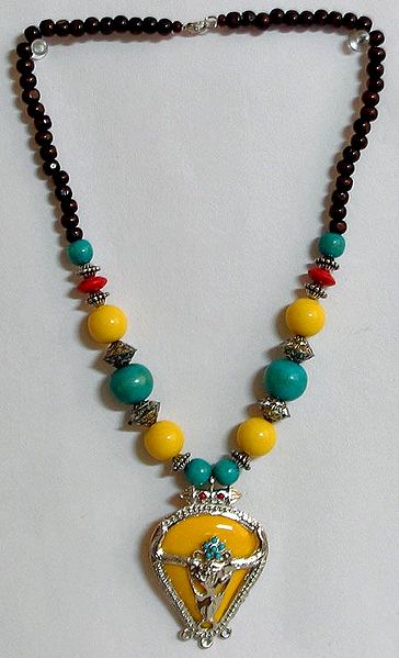 Yellow and Cyan Bead Necklace and Yellow Pendant with Bison Face