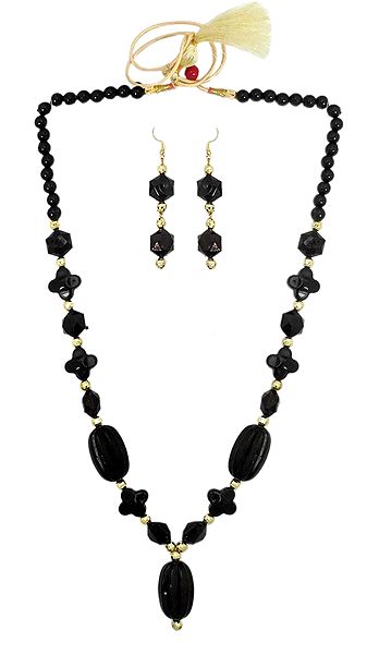 Black and Golden Bead Necklace with Earrings