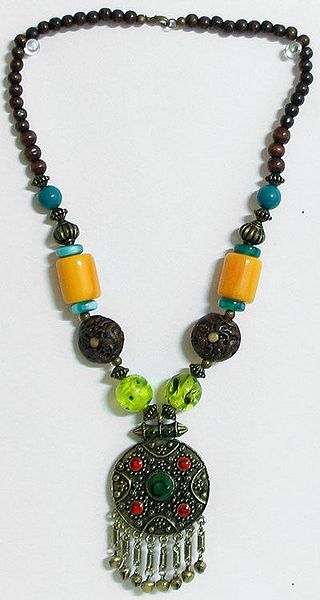 Olive Green, Cyan and Yellow Stone Bead Tibetan Necklace with Metal Disc Pendant