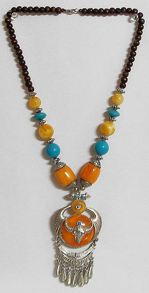 Amber Yellow, Cyan and Yellow Stone Bead Tibetan Necklace with Horn and Bison Face on Round Stone  Pendant