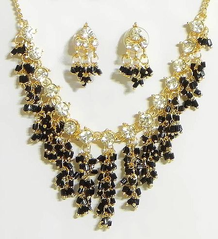 Black Bead and White Stone Studded Jhalar Necklace with Earrings
